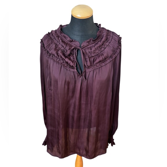 Talbots Top Burgundy Purple Satin Ruffle Neck Tie Front Blouse Long Sleeve SzXL - Picture 2 of 10